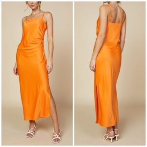 Skies Are Blue Curved Cami Satin Slit Maxi Slip Dress in Sunkissed Orange